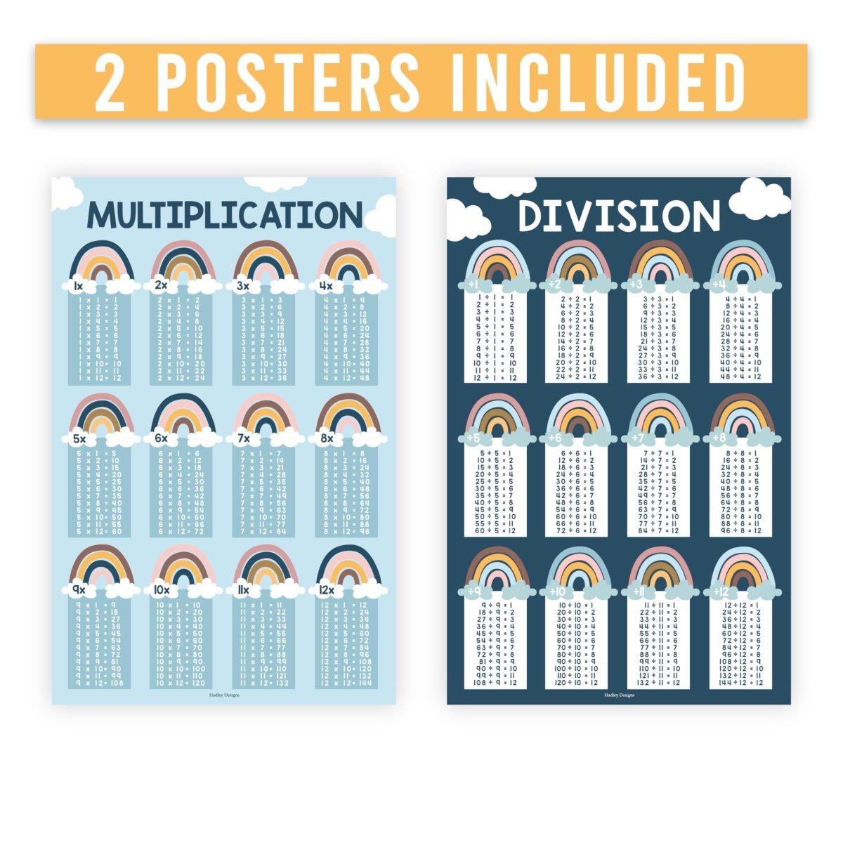 2 Boho Large Multiplication Chart Posters - Laminated Times Table Chart